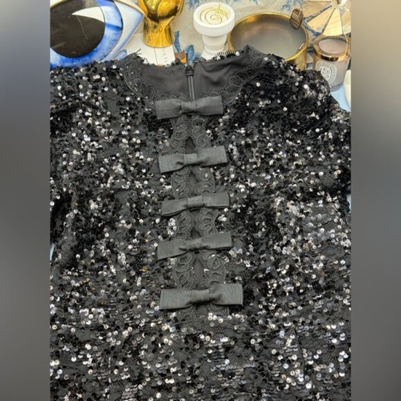 🆕 REBECCA VALLANCE 🧿 NWOT x Nicky Hilton Diana Black Bow Sequin Mini, Sz US 8 - Picture 13 of 16